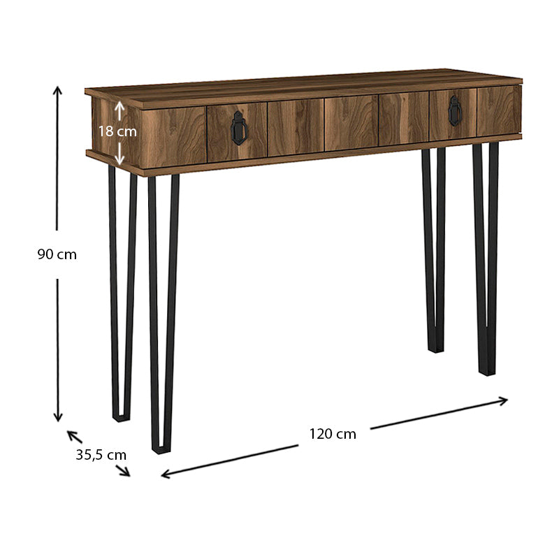 Console Table GARNI in walnut finish, featuring a large drawer and metal legs, ideal for home or office use.